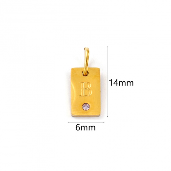 Picture of 2 PCs Eco-friendly PVD Vacuum Plating Waterproof Anti-Tarnish Hypoallergenic 304 Stainless Steel Capital Alphabet Initial Letter Name Charms 18K Real Gold Plated Rectangle Message " B " Mini Mauve Cubic Zirconia 14mm x 6mm