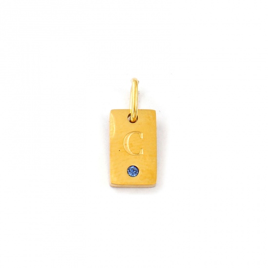 Picture of 2 PCs Eco-friendly PVD Vacuum Plating Waterproof Anti-Tarnish Hypoallergenic 304 Stainless Steel Capital Alphabet Initial Letter Name Charms 18K Real Gold Plated Rectangle Message " C " Mini Aqua Blue Cubic Zirconia 14mm x 6mm
