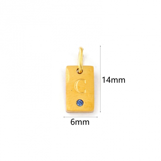Picture of 2 PCs Eco-friendly PVD Vacuum Plating Waterproof Anti-Tarnish Hypoallergenic 304 Stainless Steel Capital Alphabet Initial Letter Name Charms 18K Real Gold Plated Rectangle Message " C " Mini Aqua Blue Cubic Zirconia 14mm x 6mm