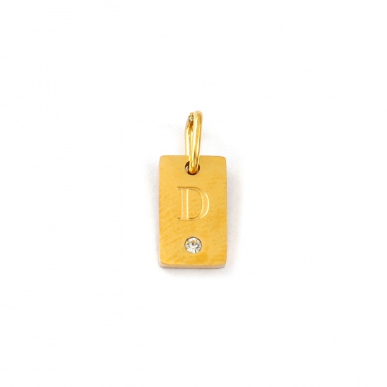 Picture of 2 PCs Eco-friendly PVD Vacuum Plating Waterproof Anti-Tarnish Hypoallergenic 304 Stainless Steel Capital Alphabet Initial Letter Name Charms 18K Real Gold Plated Rectangle Message " D " Mini Clear Cubic Zirconia 14mm x 6mm