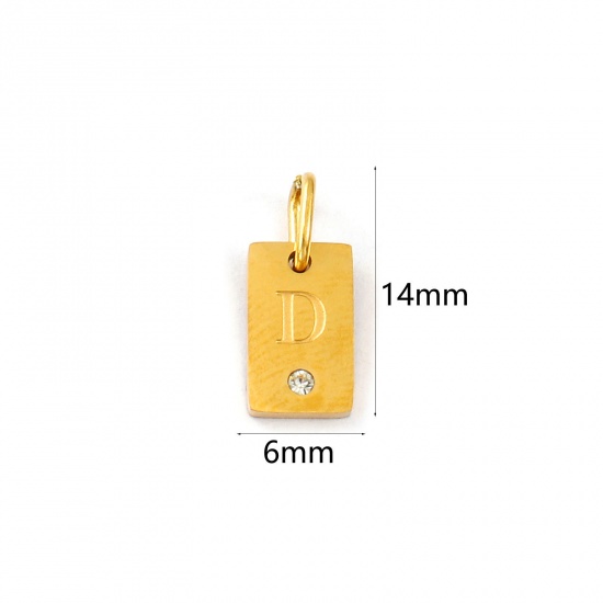 Picture of 2 PCs Eco-friendly PVD Vacuum Plating Waterproof Anti-Tarnish Hypoallergenic 304 Stainless Steel Capital Alphabet Initial Letter Name Charms 18K Real Gold Plated Rectangle Message " D " Mini Clear Cubic Zirconia 14mm x 6mm