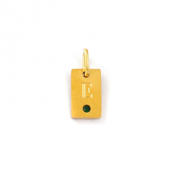 Picture of 2 PCs Eco-friendly PVD Vacuum Plating Waterproof Anti-Tarnish Hypoallergenic 304 Stainless Steel Capital Alphabet Initial Letter Name Charms 18K Real Gold Plated Rectangle Message " R " Mini Emerald Cubic Zirconia 14mm x 6mm