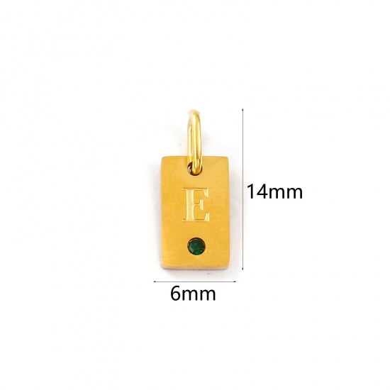 Picture of 2 PCs Eco-friendly PVD Vacuum Plating Waterproof Anti-Tarnish Hypoallergenic 304 Stainless Steel Capital Alphabet Initial Letter Name Charms 18K Real Gold Plated Rectangle Message " R " Mini Emerald Cubic Zirconia 14mm x 6mm