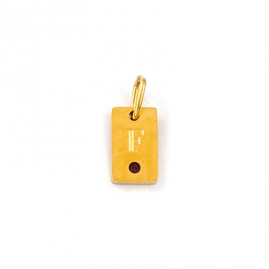 Picture of 2 PCs Eco-friendly PVD Vacuum Plating Waterproof Anti-Tarnish Hypoallergenic 304 Stainless Steel Capital Alphabet Initial Letter Name Charms 18K Real Gold Plated Rectangle Message " F " Mini Purple Cubic Zirconia 14mm x 6mm