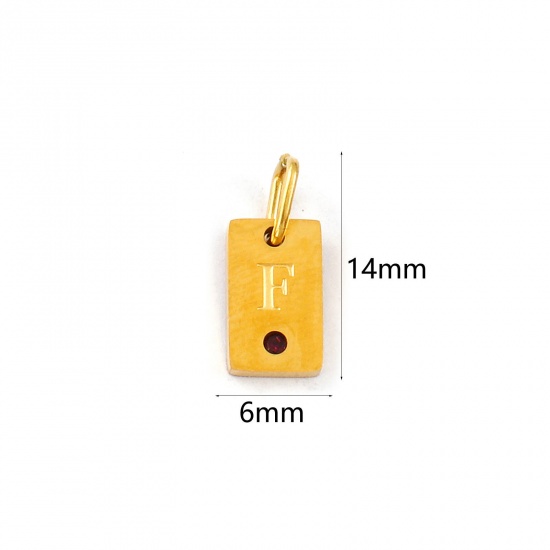 Picture of 2 PCs Eco-friendly PVD Vacuum Plating Waterproof Anti-Tarnish Hypoallergenic 304 Stainless Steel Capital Alphabet Initial Letter Name Charms 18K Real Gold Plated Rectangle Message " F " Mini Purple Cubic Zirconia 14mm x 6mm