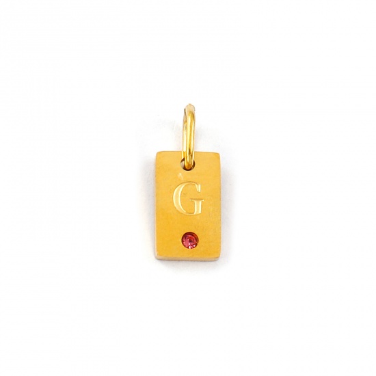 Picture of 2 PCs Eco-friendly PVD Vacuum Plating Waterproof Anti-Tarnish Hypoallergenic 304 Stainless Steel Capital Alphabet Initial Letter Name Charms 18K Real Gold Plated Rectangle Message " G " Mini Pink Cubic Zirconia 14mm x 6mm