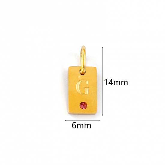 Picture of 2 PCs Eco-friendly PVD Vacuum Plating Waterproof Anti-Tarnish Hypoallergenic 304 Stainless Steel Capital Alphabet Initial Letter Name Charms 18K Real Gold Plated Rectangle Message " G " Mini Pink Cubic Zirconia 14mm x 6mm