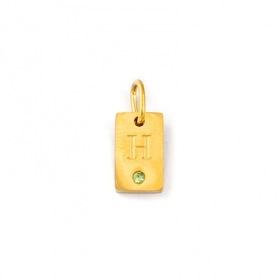 Picture of 2 PCs Eco-friendly PVD Vacuum Plating Waterproof Anti-Tarnish Hypoallergenic 304 Stainless Steel Capital Alphabet Initial Letter Name Charms 18K Real Gold Plated Rectangle Message " H " Mini Olive Green Cubic Zirconia 14mm x 6mm
