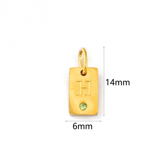 Picture of 2 PCs Eco-friendly PVD Vacuum Plating Waterproof Anti-Tarnish Hypoallergenic 304 Stainless Steel Capital Alphabet Initial Letter Name Charms 18K Real Gold Plated Rectangle Message " H " Mini Olive Green Cubic Zirconia 14mm x 6mm