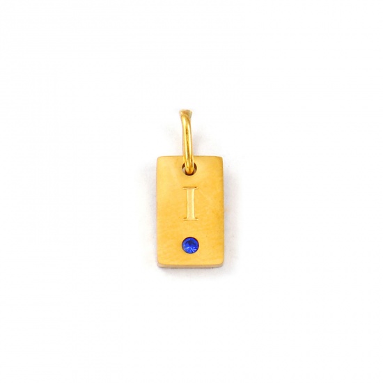 Picture of 2 PCs Eco-friendly PVD Vacuum Plating Waterproof Anti-Tarnish Hypoallergenic 304 Stainless Steel Capital Alphabet Initial Letter Name Charms 18K Real Gold Plated Rectangle Message " I " Mini Royal Blue Cubic Zirconia 14mm x 6mm