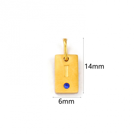Picture of 2 PCs Eco-friendly PVD Vacuum Plating Waterproof Anti-Tarnish Hypoallergenic 304 Stainless Steel Capital Alphabet Initial Letter Name Charms 18K Real Gold Plated Rectangle Message " I " Mini Royal Blue Cubic Zirconia 14mm x 6mm