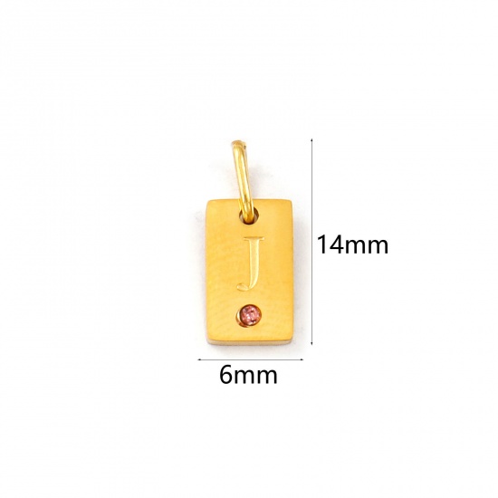 Picture of 2 PCs Eco-friendly PVD Vacuum Plating Waterproof Anti-Tarnish Hypoallergenic 304 Stainless Steel Capital Alphabet Initial Letter Name Charms 18K Real Gold Plated Rectangle Message " J " Mini Light Pink Cubic Zirconia 14mm x 6mm