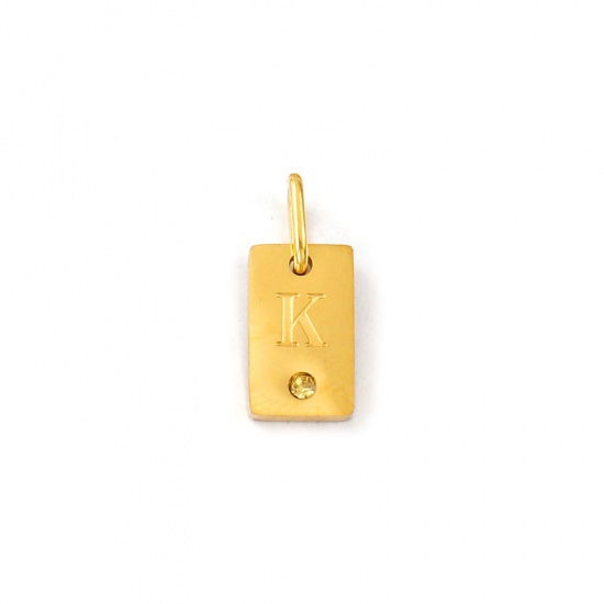 Picture of 2 PCs Eco-friendly PVD Vacuum Plating Waterproof Anti-Tarnish Hypoallergenic 304 Stainless Steel Capital Alphabet Initial Letter Name Charms 18K Real Gold Plated Rectangle Message " K " Mini Yellow Cubic Zirconia 14mm x 6mm