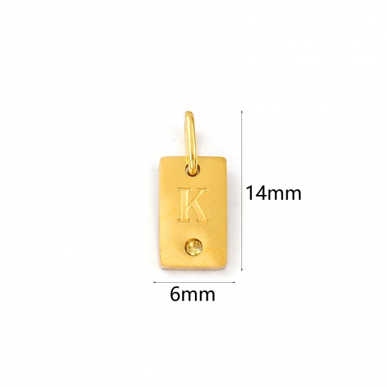 Picture of 2 PCs Eco-friendly PVD Vacuum Plating Waterproof Anti-Tarnish Hypoallergenic 304 Stainless Steel Capital Alphabet Initial Letter Name Charms 18K Real Gold Plated Rectangle Message " K " Mini Yellow Cubic Zirconia 14mm x 6mm