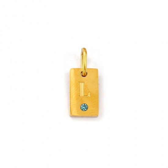 Picture of 2 PCs Eco-friendly PVD Vacuum Plating Waterproof Anti-Tarnish Hypoallergenic 304 Stainless Steel Capital Alphabet Initial Letter Name Charms 18K Real Gold Plated Rectangle Message " L " Mini Lake Blue Cubic Zirconia 14mm x 6mm