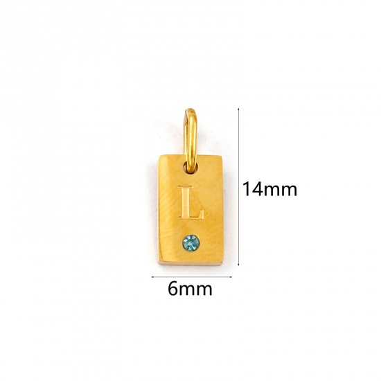 Picture of 2 PCs Eco-friendly PVD Vacuum Plating Waterproof Anti-Tarnish Hypoallergenic 304 Stainless Steel Capital Alphabet Initial Letter Name Charms 18K Real Gold Plated Rectangle Message " L " Mini Lake Blue Cubic Zirconia 14mm x 6mm