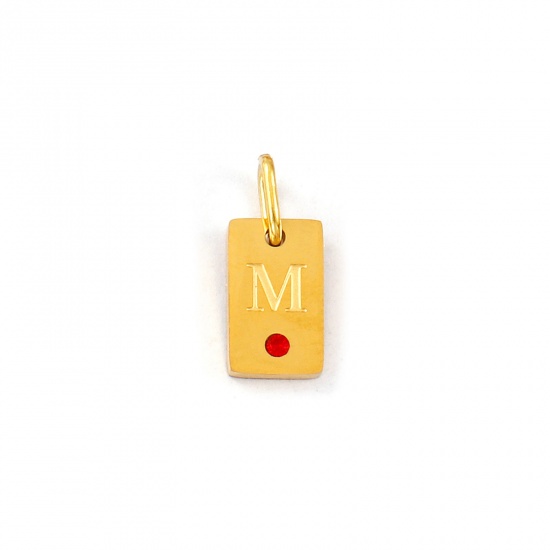 Picture of 2 PCs Eco-friendly PVD Vacuum Plating Waterproof Anti-Tarnish Hypoallergenic 304 Stainless Steel Capital Alphabet Initial Letter Name Charms 18K Real Gold Plated Rectangle Message " M " Mini Red Cubic Zirconia 14mm x 6mm