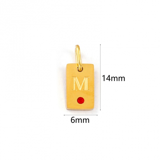 Picture of 2 PCs Eco-friendly PVD Vacuum Plating Waterproof Anti-Tarnish Hypoallergenic 304 Stainless Steel Capital Alphabet Initial Letter Name Charms 18K Real Gold Plated Rectangle Message " M " Mini Red Cubic Zirconia 14mm x 6mm