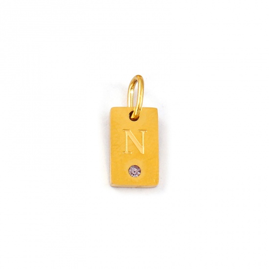 Picture of 2 PCs Eco-friendly PVD Vacuum Plating Waterproof Anti-Tarnish Hypoallergenic 304 Stainless Steel Capital Alphabet Initial Letter Name Charms 18K Real Gold Plated Rectangle Message " N " Mini Mauve Cubic Zirconia 14mm x 6mm