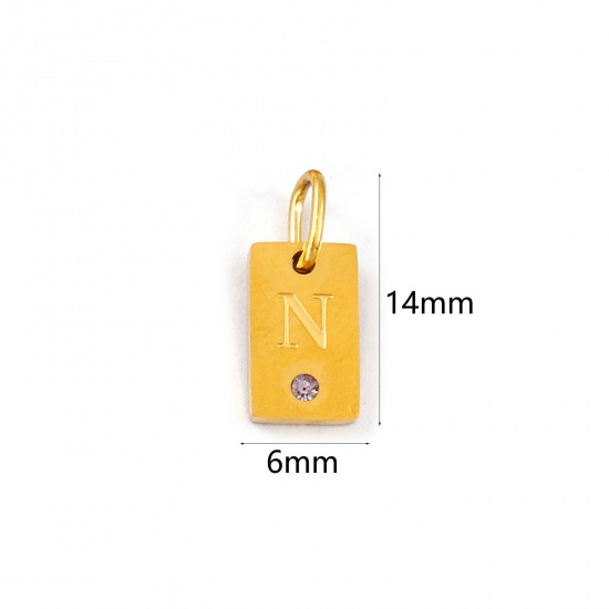 Picture of 2 PCs Eco-friendly PVD Vacuum Plating Waterproof Anti-Tarnish Hypoallergenic 304 Stainless Steel Capital Alphabet Initial Letter Name Charms 18K Real Gold Plated Rectangle Message " N " Mini Mauve Cubic Zirconia 14mm x 6mm