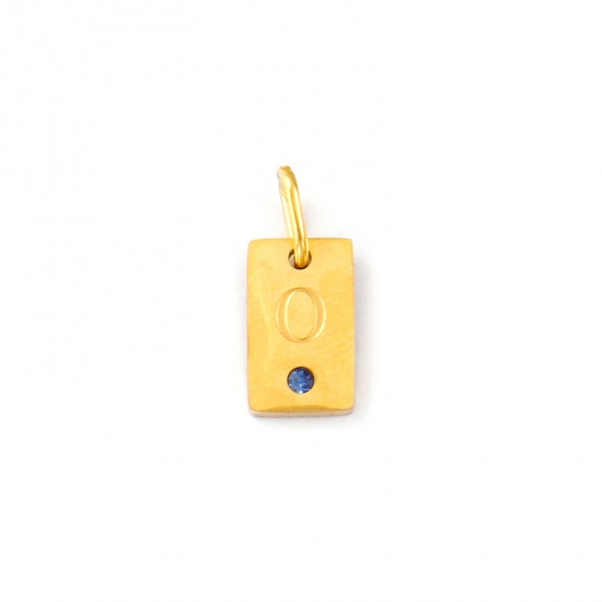 Picture of 2 PCs Eco-friendly PVD Vacuum Plating Waterproof Anti-Tarnish Hypoallergenic 304 Stainless Steel Capital Alphabet Initial Letter Name Charms 18K Real Gold Plated Rectangle Message " O " Mini Aqua Blue Cubic Zirconia 14mm x 6mm