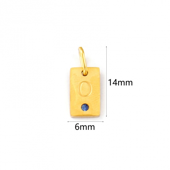 Picture of 2 PCs Eco-friendly PVD Vacuum Plating Waterproof Anti-Tarnish Hypoallergenic 304 Stainless Steel Capital Alphabet Initial Letter Name Charms 18K Real Gold Plated Rectangle Message " O " Mini Aqua Blue Cubic Zirconia 14mm x 6mm