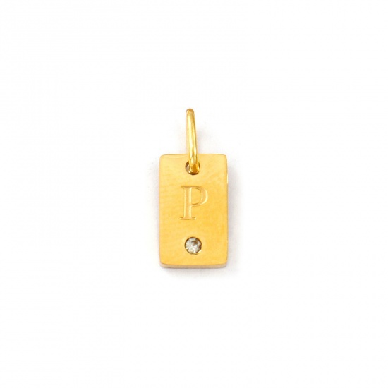 Picture of 2 PCs Eco-friendly PVD Vacuum Plating Waterproof Anti-Tarnish Hypoallergenic 304 Stainless Steel Capital Alphabet Initial Letter Name Charms 18K Real Gold Plated Rectangle Message " P " Mini Clear Cubic Zirconia 14mm x 6mm