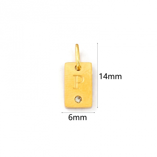 Picture of 2 PCs Eco-friendly PVD Vacuum Plating Waterproof Anti-Tarnish Hypoallergenic 304 Stainless Steel Capital Alphabet Initial Letter Name Charms 18K Real Gold Plated Rectangle Message " P " Mini Clear Cubic Zirconia 14mm x 6mm