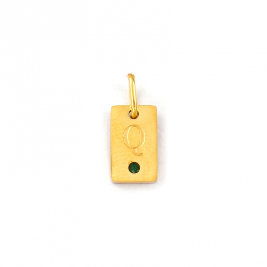 Picture of 2 PCs Eco-friendly PVD Vacuum Plating Waterproof Anti-Tarnish Hypoallergenic 304 Stainless Steel Capital Alphabet Initial Letter Name Charms 18K Real Gold Plated Rectangle Message " Q " Mini Emerald Cubic Zirconia 14mm x 6mm