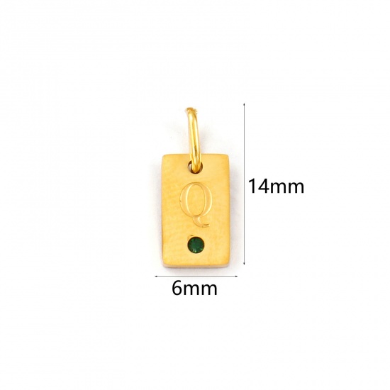 Picture of 2 PCs Eco-friendly PVD Vacuum Plating Waterproof Anti-Tarnish Hypoallergenic 304 Stainless Steel Capital Alphabet Initial Letter Name Charms 18K Real Gold Plated Rectangle Message " Q " Mini Emerald Cubic Zirconia 14mm x 6mm
