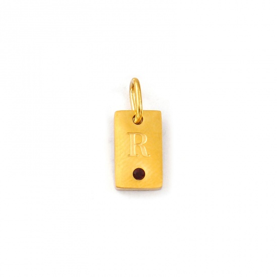 Picture of 2 PCs Eco-friendly PVD Vacuum Plating Waterproof Anti-Tarnish Hypoallergenic 304 Stainless Steel Capital Alphabet Initial Letter Name Charms 18K Real Gold Plated Rectangle Message " R " Mini Purple Cubic Zirconia 14mm x 6mm