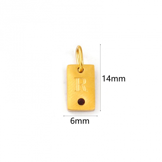 Picture of 2 PCs Eco-friendly PVD Vacuum Plating Waterproof Anti-Tarnish Hypoallergenic 304 Stainless Steel Capital Alphabet Initial Letter Name Charms 18K Real Gold Plated Rectangle Message " R " Mini Purple Cubic Zirconia 14mm x 6mm