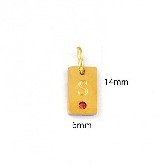 Picture of 2 PCs Eco-friendly PVD Vacuum Plating Waterproof Anti-Tarnish Hypoallergenic 304 Stainless Steel Capital Alphabet Initial Letter Name Charms 18K Real Gold Plated Rectangle Message " S " Mini Pink Cubic Zirconia 14mm x 6mm