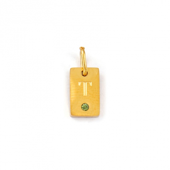 Picture of 2 PCs Eco-friendly PVD Vacuum Plating Waterproof Anti-Tarnish Hypoallergenic 304 Stainless Steel Capital Alphabet Initial Letter Name Charms 18K Real Gold Plated Rectangle Message " T " Mini Olive Green Cubic Zirconia 14mm x 6mm