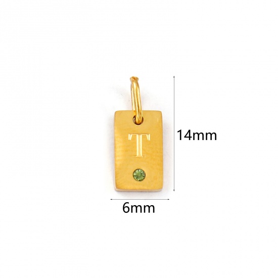 Picture of 2 PCs Eco-friendly PVD Vacuum Plating Waterproof Anti-Tarnish Hypoallergenic 304 Stainless Steel Capital Alphabet Initial Letter Name Charms 18K Real Gold Plated Rectangle Message " T " Mini Olive Green Cubic Zirconia 14mm x 6mm
