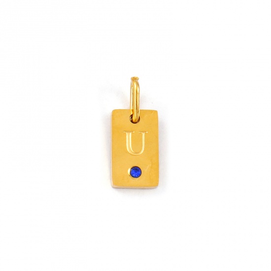 Picture of 2 PCs Eco-friendly PVD Vacuum Plating Waterproof Anti-Tarnish Hypoallergenic 304 Stainless Steel Capital Alphabet Initial Letter Name Charms 18K Real Gold Plated Rectangle Message " U " Mini Royal Blue Cubic Zirconia 14mm x 6mm