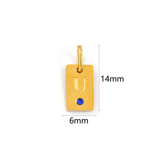 Picture of 2 PCs Eco-friendly PVD Vacuum Plating Waterproof Anti-Tarnish Hypoallergenic 304 Stainless Steel Capital Alphabet Initial Letter Name Charms 18K Real Gold Plated Rectangle Message " U " Mini Royal Blue Cubic Zirconia 14mm x 6mm