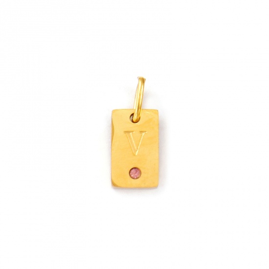 Picture of 2 PCs Eco-friendly PVD Vacuum Plating Waterproof Anti-Tarnish Hypoallergenic 304 Stainless Steel Capital Alphabet Initial Letter Name Charms 18K Real Gold Plated Rectangle Message " V " Mini Light Pink Cubic Zirconia 14mm x 6mm