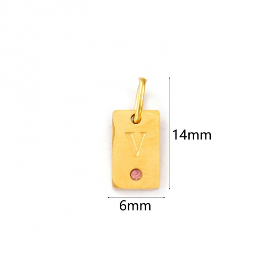 Picture of 2 PCs Eco-friendly PVD Vacuum Plating Waterproof Anti-Tarnish Hypoallergenic 304 Stainless Steel Capital Alphabet Initial Letter Name Charms 18K Real Gold Plated Rectangle Message " V " Mini Light Pink Cubic Zirconia 14mm x 6mm