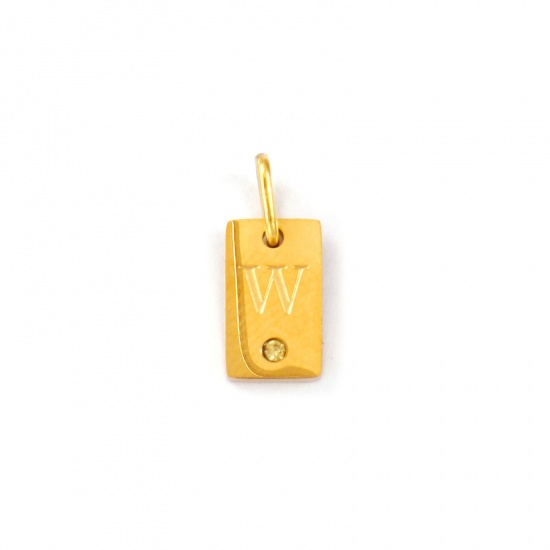 Picture of 2 PCs Eco-friendly PVD Vacuum Plating Waterproof Anti-Tarnish Hypoallergenic 304 Stainless Steel Capital Alphabet Initial Letter Name Charms 18K Real Gold Plated Rectangle Message " W " Mini Yellow Cubic Zirconia 14mm x 6mm