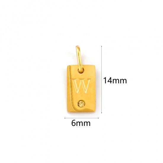 Picture of 2 PCs Eco-friendly PVD Vacuum Plating Waterproof Anti-Tarnish Hypoallergenic 304 Stainless Steel Capital Alphabet Initial Letter Name Charms 18K Real Gold Plated Rectangle Message " W " Mini Yellow Cubic Zirconia 14mm x 6mm