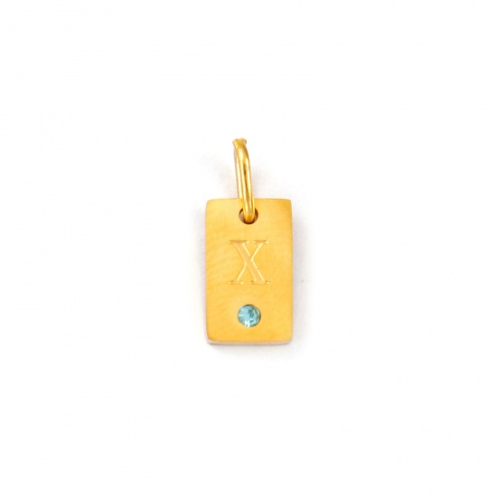Picture of 2 PCs Eco-friendly PVD Vacuum Plating Waterproof Anti-Tarnish Hypoallergenic 304 Stainless Steel Capital Alphabet Initial Letter Name Charms 18K Real Gold Plated Rectangle Message " X " Mini Lake Blue Cubic Zirconia 14mm x 6mm