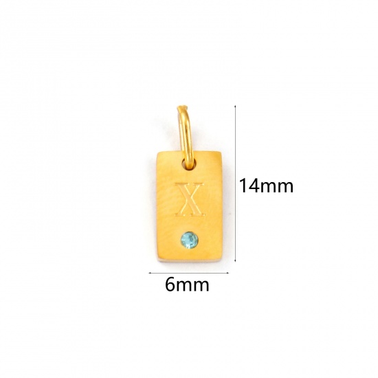 Picture of 2 PCs Eco-friendly PVD Vacuum Plating Waterproof Anti-Tarnish Hypoallergenic 304 Stainless Steel Capital Alphabet Initial Letter Name Charms 18K Real Gold Plated Rectangle Message " X " Mini Lake Blue Cubic Zirconia 14mm x 6mm