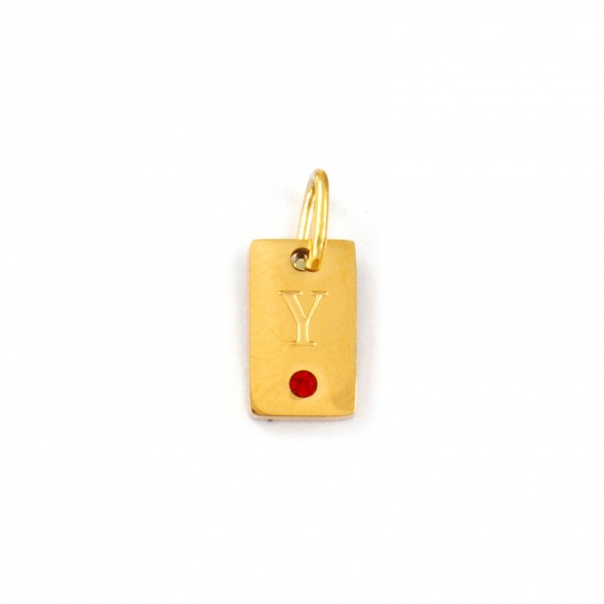 Picture of 2 PCs Eco-friendly PVD Vacuum Plating Waterproof Anti-Tarnish Hypoallergenic 304 Stainless Steel Capital Alphabet Initial Letter Name Charms 18K Real Gold Plated Rectangle Message " Y " Mini Red Cubic Zirconia 14mm x 6mm