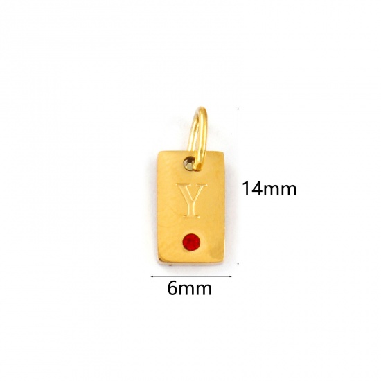 Picture of 2 PCs Eco-friendly PVD Vacuum Plating Waterproof Anti-Tarnish Hypoallergenic 304 Stainless Steel Capital Alphabet Initial Letter Name Charms 18K Real Gold Plated Rectangle Message " Y " Mini Red Cubic Zirconia 14mm x 6mm