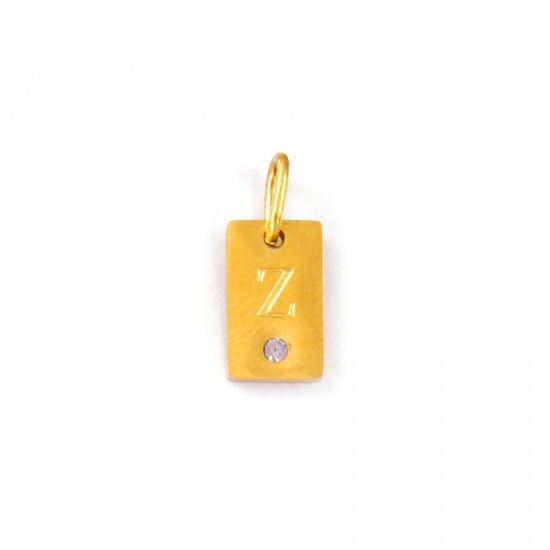 Picture of 2 PCs Eco-friendly PVD Vacuum Plating Waterproof Anti-Tarnish Hypoallergenic 304 Stainless Steel Capital Alphabet Initial Letter Name Charms 18K Real Gold Plated Rectangle Message " Z " Mini Mauve Cubic Zirconia 14mm x 6mm