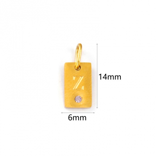 Picture of 2 PCs Eco-friendly PVD Vacuum Plating Waterproof Anti-Tarnish Hypoallergenic 304 Stainless Steel Capital Alphabet Initial Letter Name Charms 18K Real Gold Plated Rectangle Message " Z " Mini Mauve Cubic Zirconia 14mm x 6mm