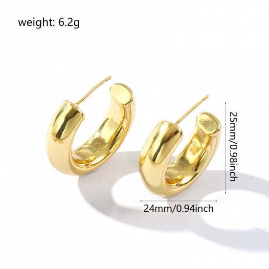 Picture of 1 Pair Eco-friendly Stylish Exquisite 18K Real Gold Plated Brass Hoop Earrings For Women Gift 25mm x 24mm, Post/ Wire Size: 0.7mm(21 gauge)