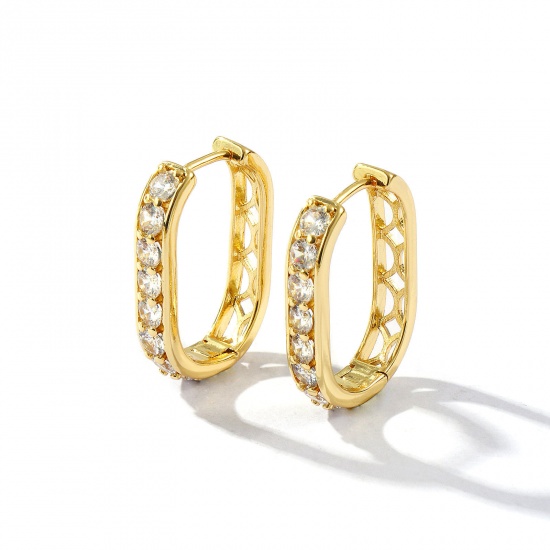 Picture of 1 Pair Eco-friendly Stylish Exquisite 18K Real Gold Plated Brass & Cubic Zirconia Oval Micro Pave Hoop Earrings For Women Gift 23mm x 16mm, Post/ Wire Size: 0.9mm(19 gauge)