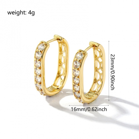 Picture of 1 Pair Eco-friendly Stylish Exquisite 18K Real Gold Plated Brass & Cubic Zirconia Oval Micro Pave Hoop Earrings For Women Gift 23mm x 16mm, Post/ Wire Size: 0.9mm(19 gauge)